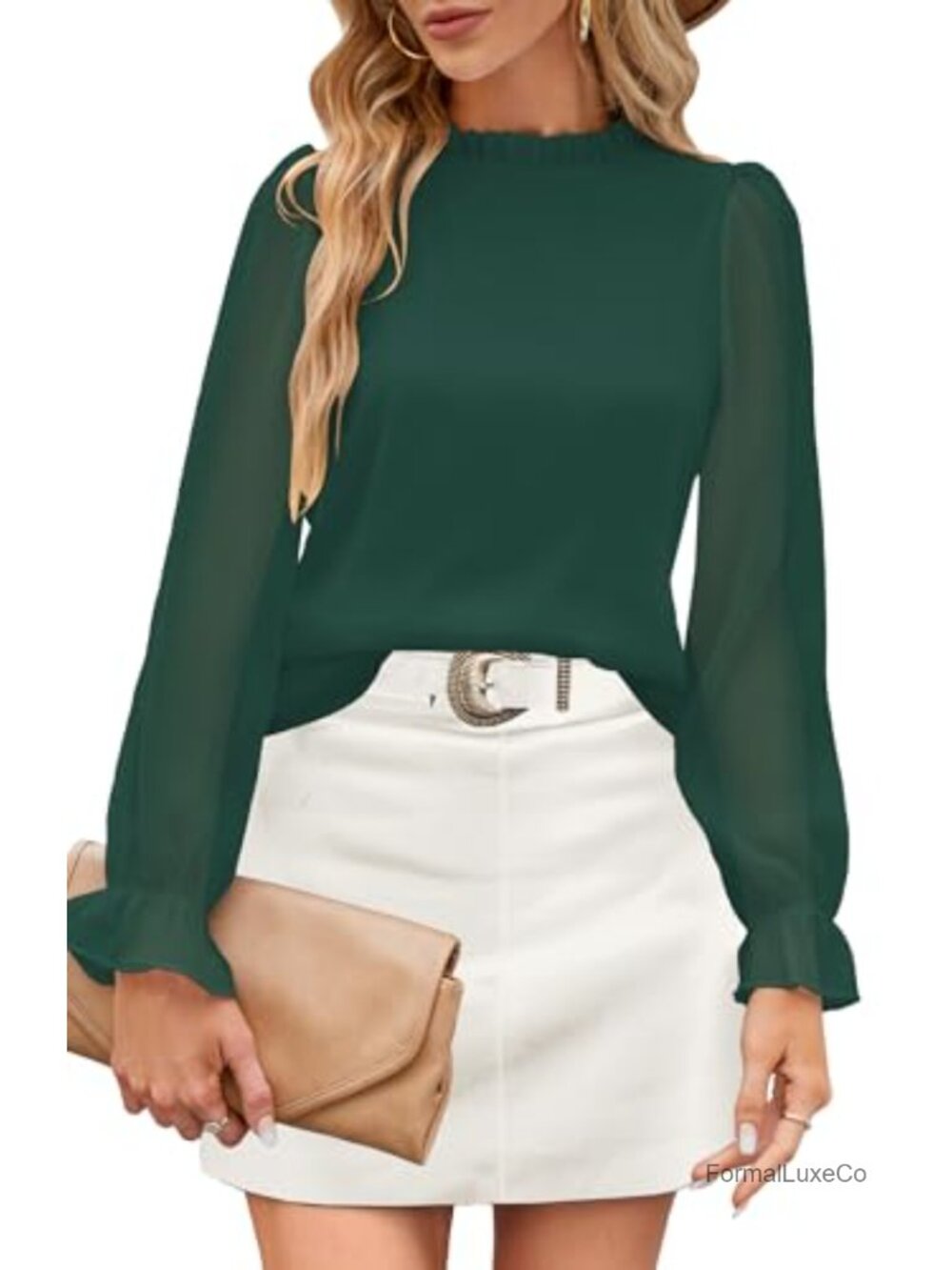 Women's Mock Neck Blouse with Ruffled Cuffs and Bubble Sleeves - Dressy Casual